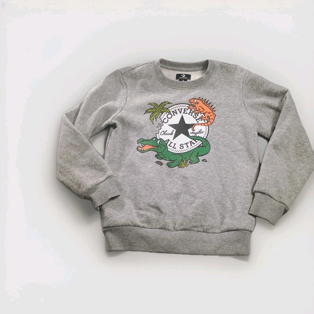 Converse Sweatshirt Kids‎ 7 Gray Fleece Pullover All Star Gator Graphic Top